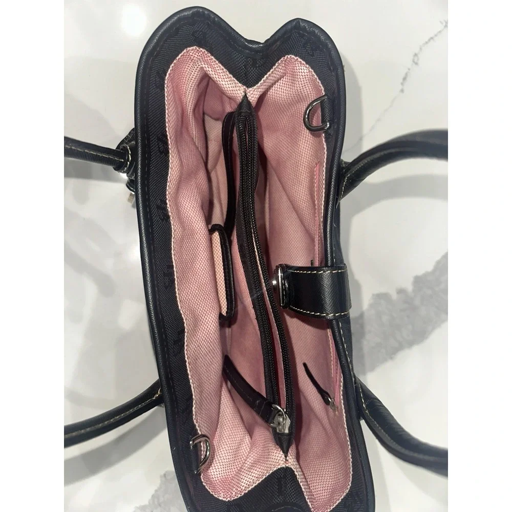 Dooney & Bourke Black SignatureCanvas Satchel Turn Lock Pink Lining Leather Trim